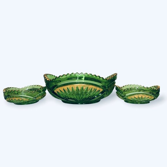 RARE Heisey Glass Emerald Green Pineapple and Fan Gold Bowls EAPG 1898 Set of 3 - Picture 1 of 10